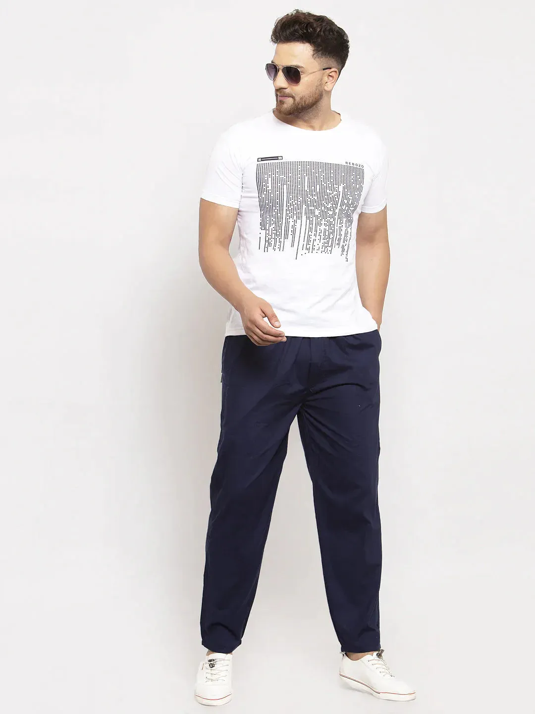 Men'S Navy Blue Solid Cotton Track Pants