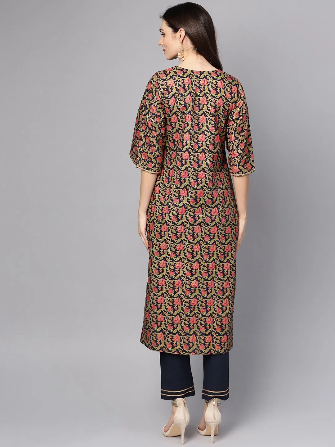 Navy Blue & Gold Khadi Floral Printed Kurta Set With Solid Navy Blue Pants