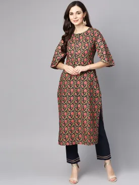 Navy Blue & Gold Khadi Floral Printed Kurta Set With Solid Navy Blue Pants