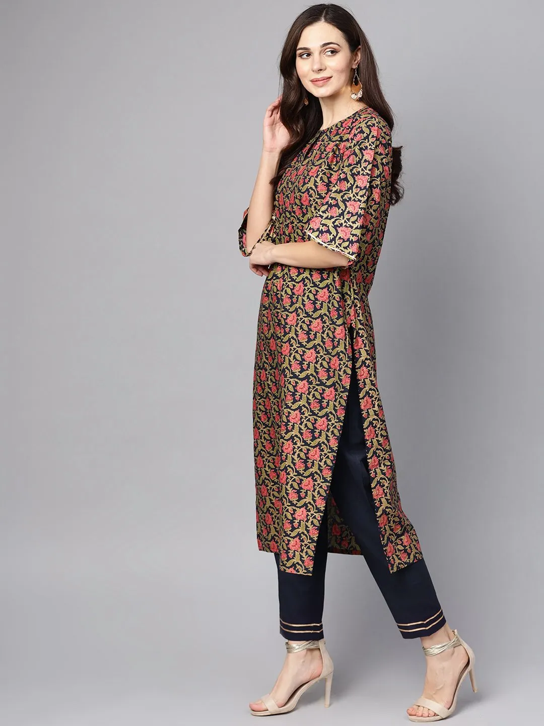 Navy Blue & Gold Khadi Floral Printed Kurta Set With Solid Navy Blue Pants