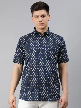 Nevy Blue Cotton Short Sleeves Shirts For Men-Mmh005