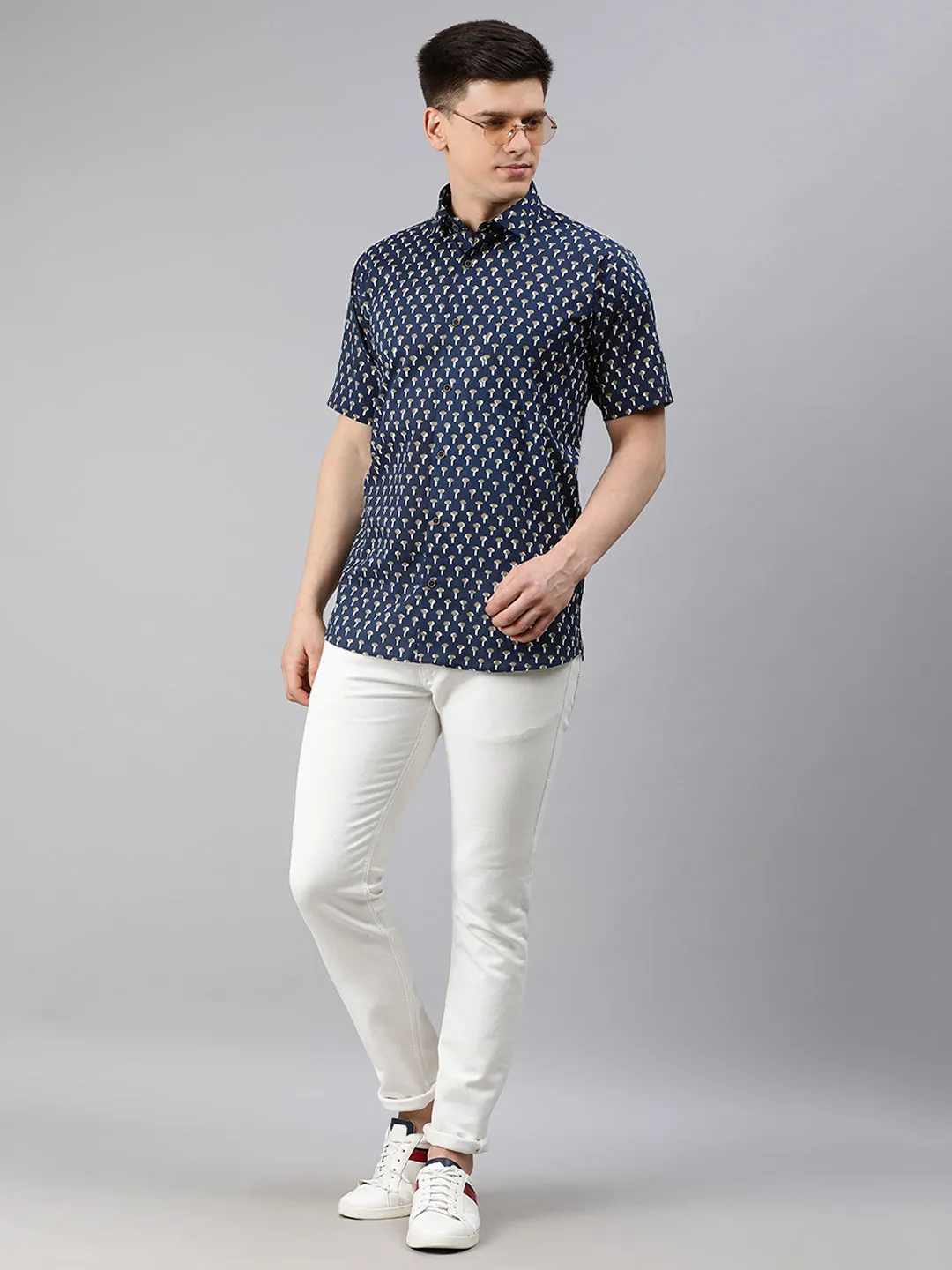 Nevy Blue Cotton Short Sleeves Shirts For Men-Mmh005