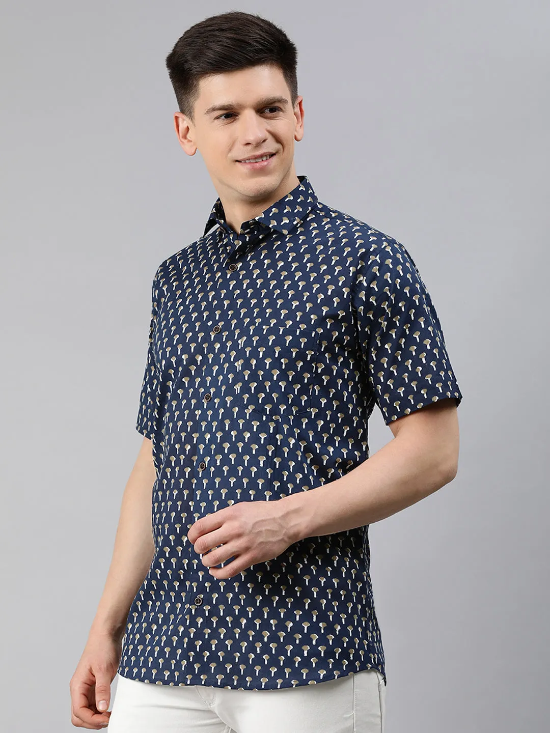 Nevy Blue Cotton Short Sleeves Shirts For Men-Mmh005