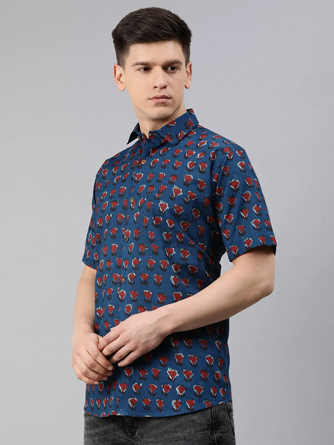 Nevy Blue Cotton Short Sleeves Shirts For Men-Mmh07