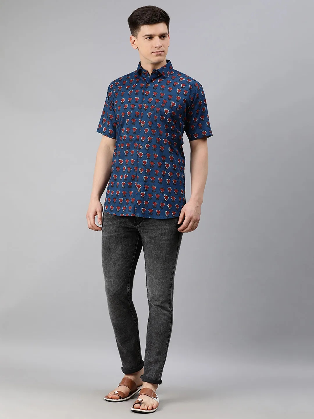 Nevy Blue Cotton Short Sleeves Shirts For Men-Mmh07