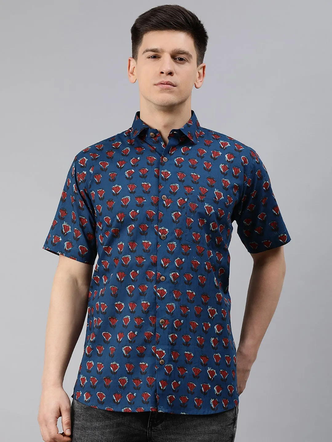 Nevy Blue Cotton Short Sleeves Shirts For Men-Mmh07