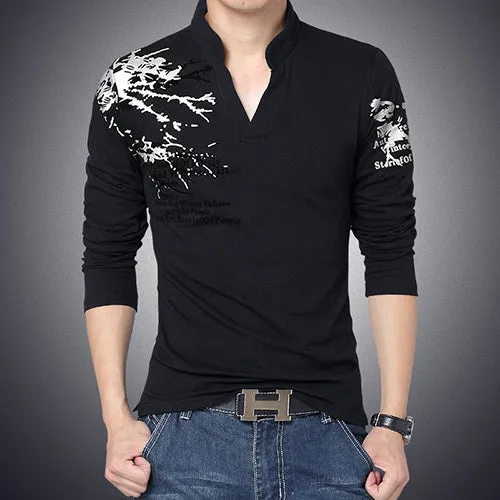 New Fashion Brand Trend Print Slim Fit Long Sleeve T Shirt Men Tee V-Neck Casual Men T-Shirt Cotton T Shirts Plus Size M-5XL