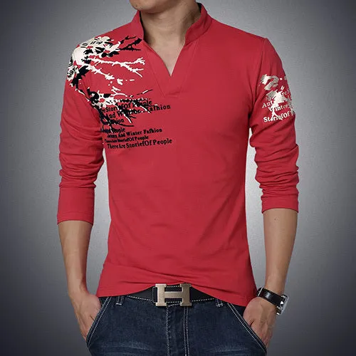 New Fashion Brand Trend Print Slim Fit Long Sleeve T Shirt Men Tee V-Neck Casual Men T-Shirt Cotton T Shirts Plus Size M-5XL