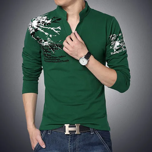 New Fashion Brand Trend Print Slim Fit Long Sleeve T Shirt Men Tee V-Neck Casual Men T-Shirt Cotton T Shirts Plus Size M-5XL