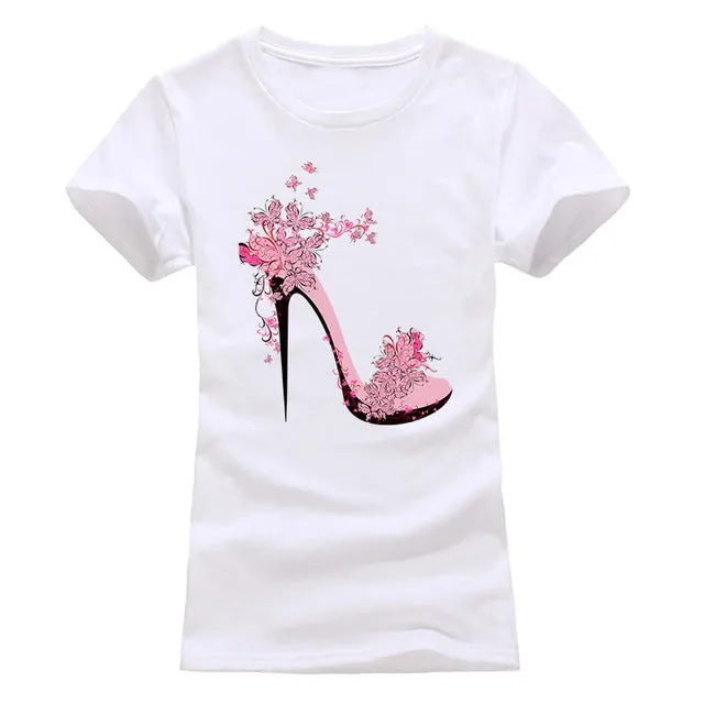 NEW High-heeled Shoes Printing T shirt Women Fashion  Summer Camisetas Women T-Shirt Streetwear Cotton top tees red black grey