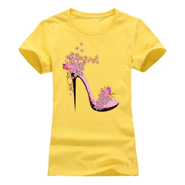 NEW High-heeled Shoes Printing T shirt Women Fashion  Summer Camisetas Women T-Shirt Streetwear Cotton top tees red black grey