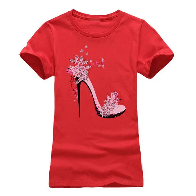 NEW High-heeled Shoes Printing T shirt Women Fashion  Summer Camisetas Women T-Shirt Streetwear Cotton top tees red black grey