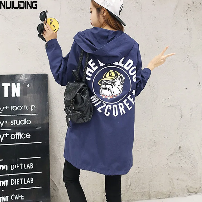 NIJIUDING New Autumn Women Casual Student Hoodies Outwear Loose Trench Coat  Dog Letter Print  Basic Trench XS-2XL