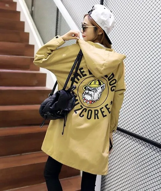 NIJIUDING New Autumn Women Casual Student Hoodies Outwear Loose Trench Coat  Dog Letter Print  Basic Trench XS-2XL