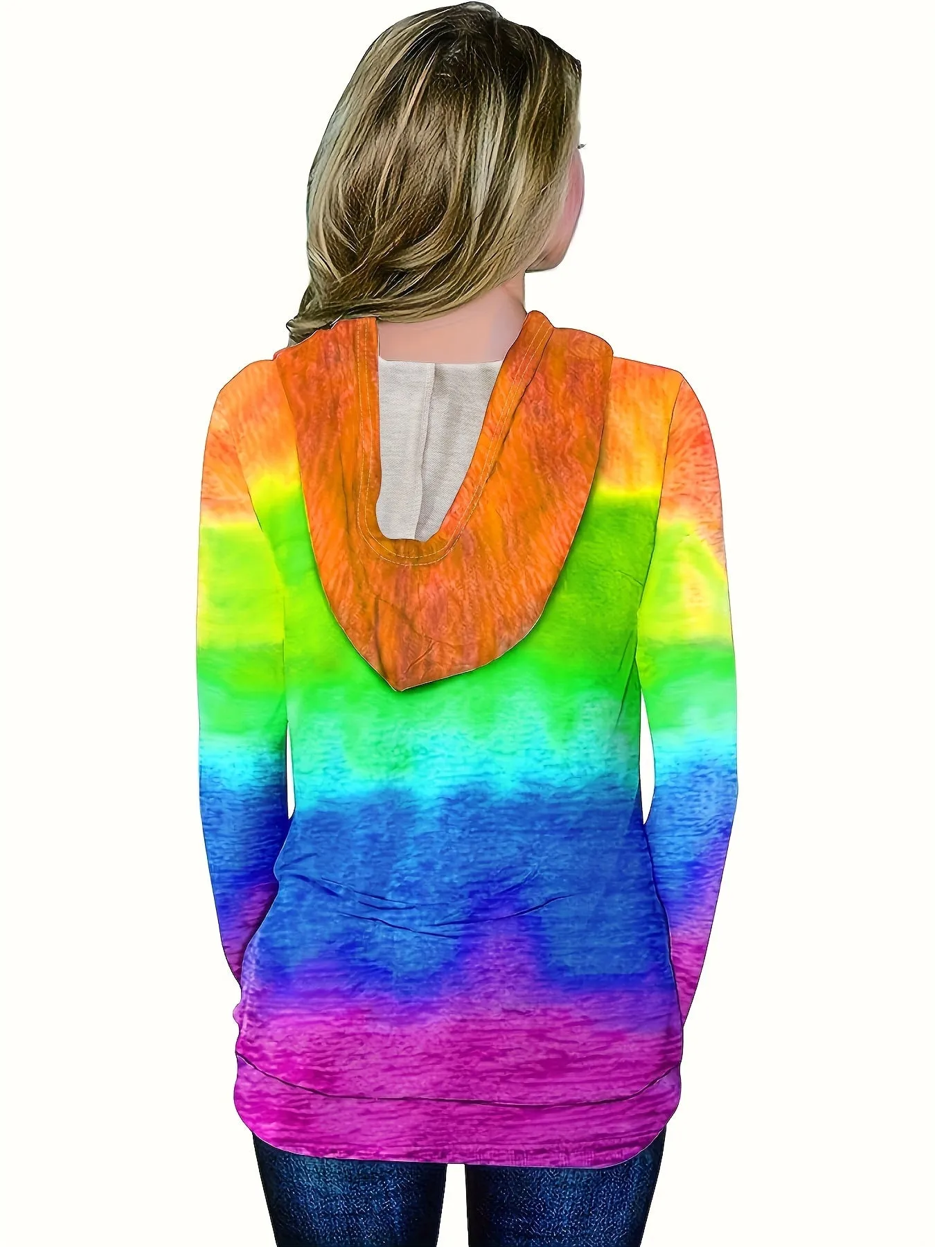 Ombre Kangaroo Pocket Hoodie, Casual Long Sleeve Drawstring Hoodies Sweatshirt, Women's Clothing