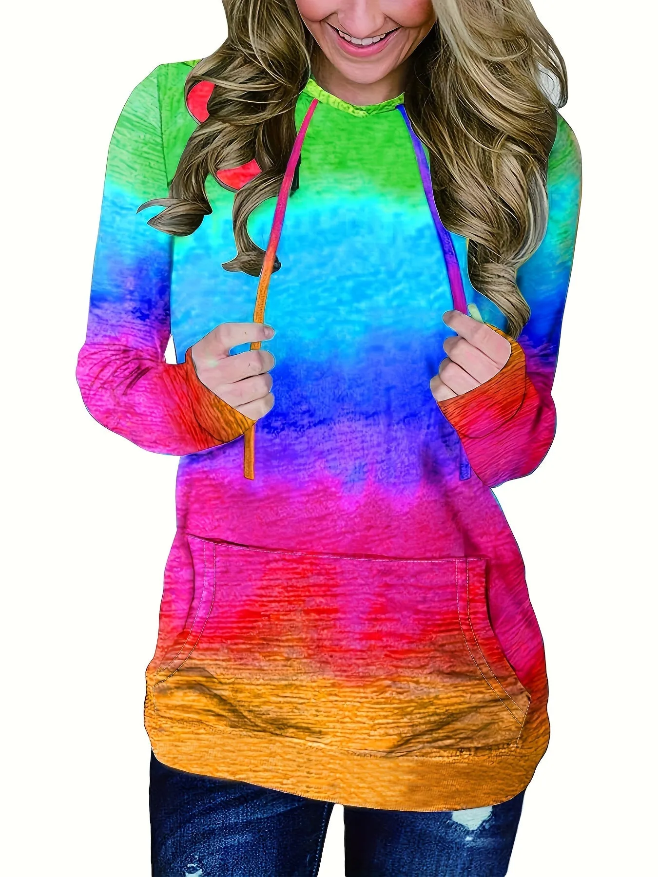 Ombre Kangaroo Pocket Hoodie, Casual Long Sleeve Drawstring Hoodies Sweatshirt, Women's Clothing