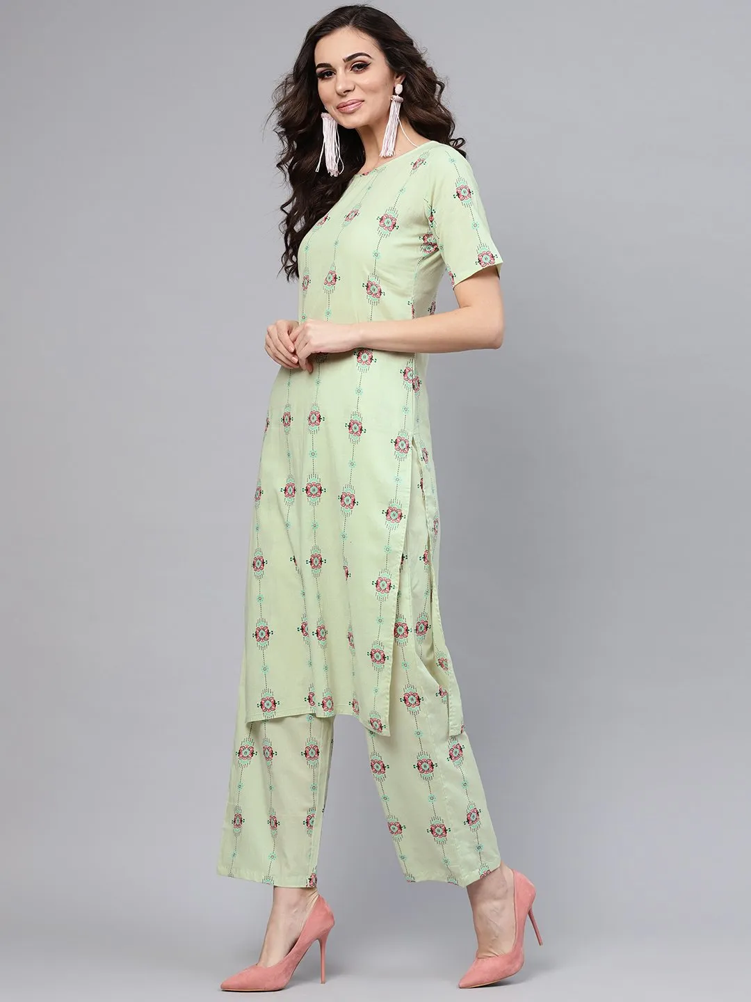 Pastel Green Printed Half Sleeve Staright Kurta With Pants