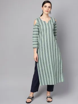 Pastel Green Printed Kurta Set With Solid Navy Blue Pants