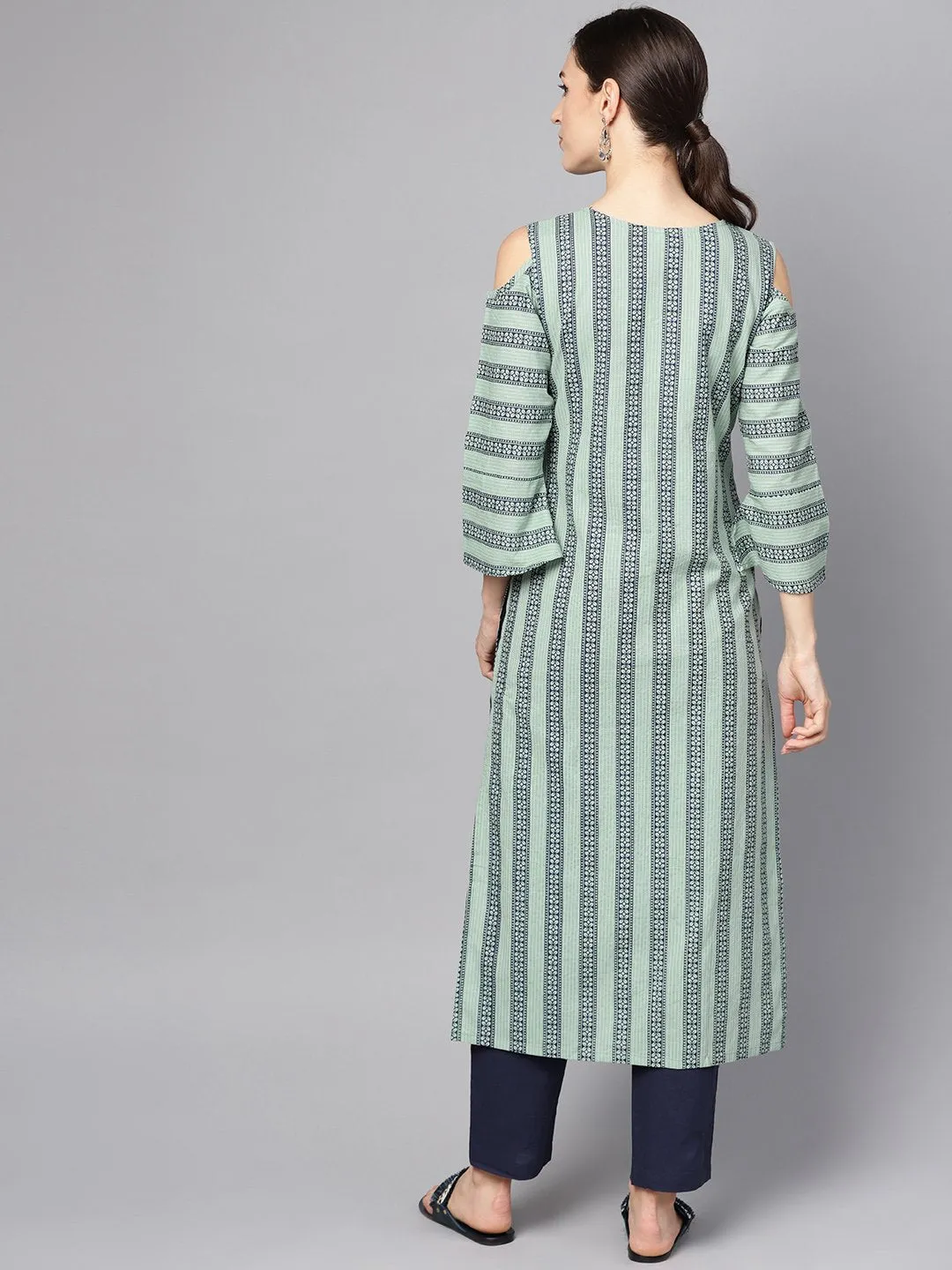 Pastel Green Printed Kurta Set With Solid Navy Blue Pants