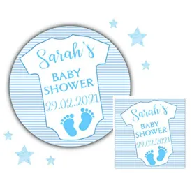 Personalised Baby Shower Stickers Blue Baby Grow