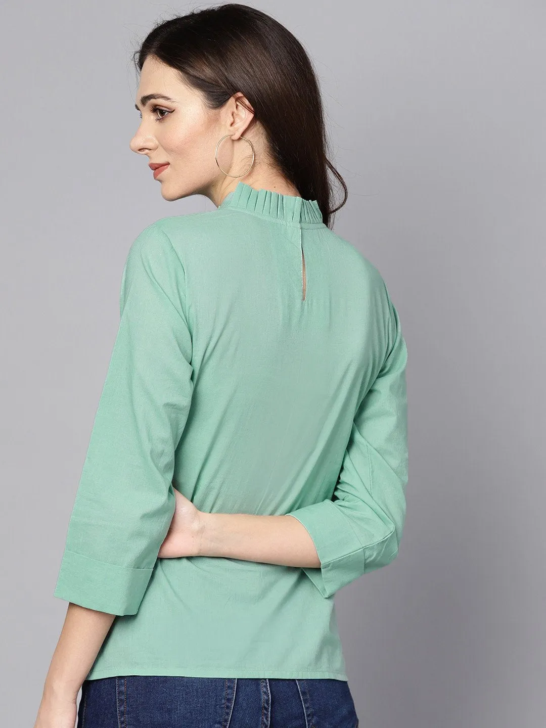 Pine Green Top Detailed With Pleats & Ruffled Neck