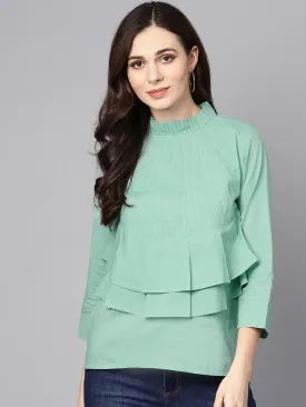 Pine Green Top Detailed With Pleats & Ruffled Neck