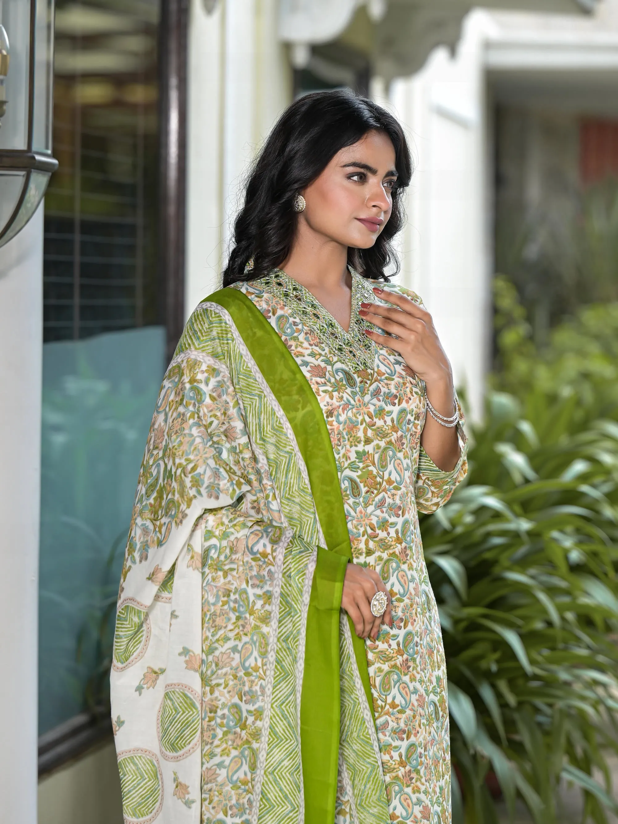 Pista Green Floral Printed Cotton Kurta Pant With Dupatta Set With Mirror & Thread Work