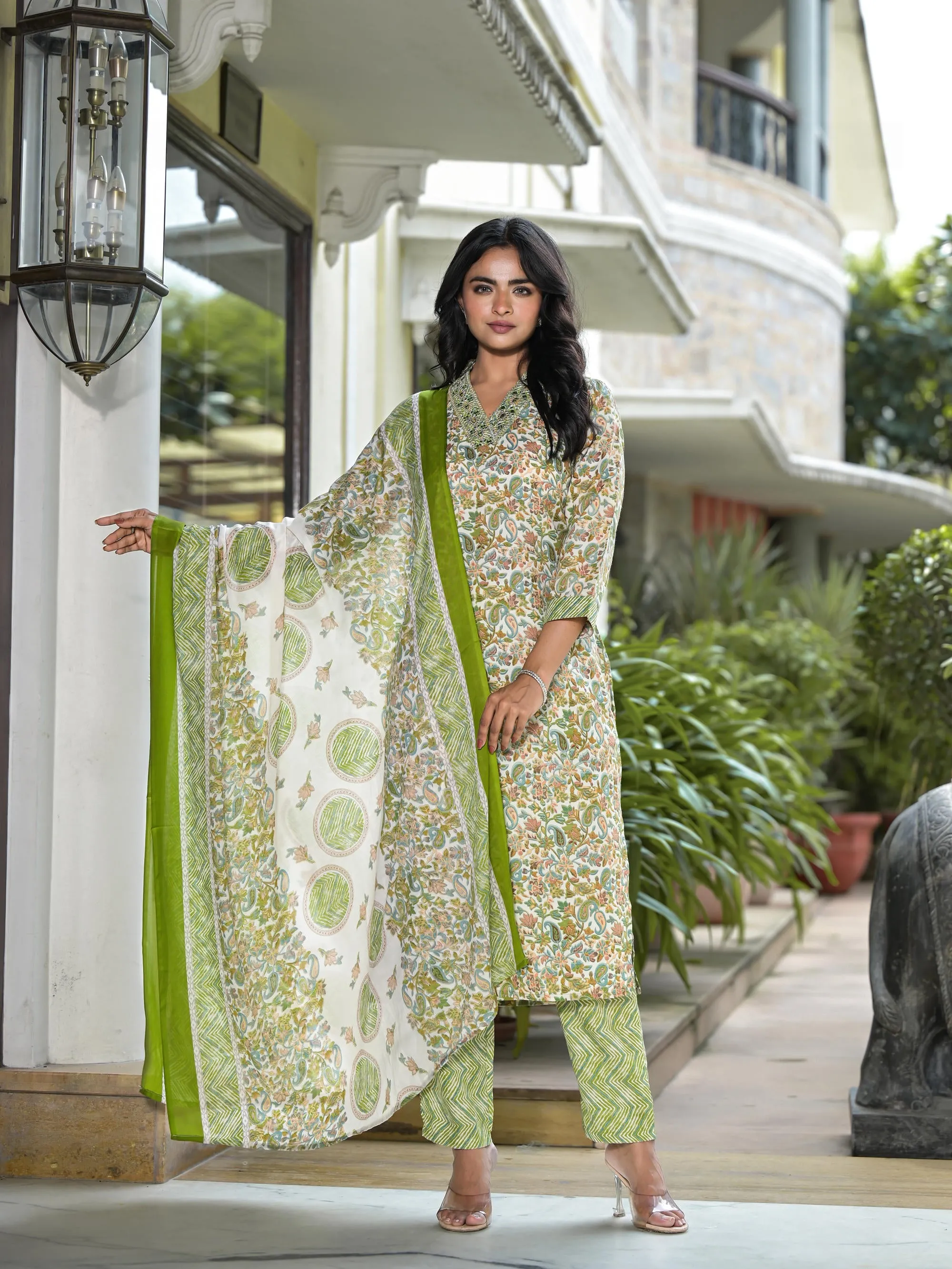 Pista Green Floral Printed Cotton Kurta Pant With Dupatta Set With Mirror & Thread Work