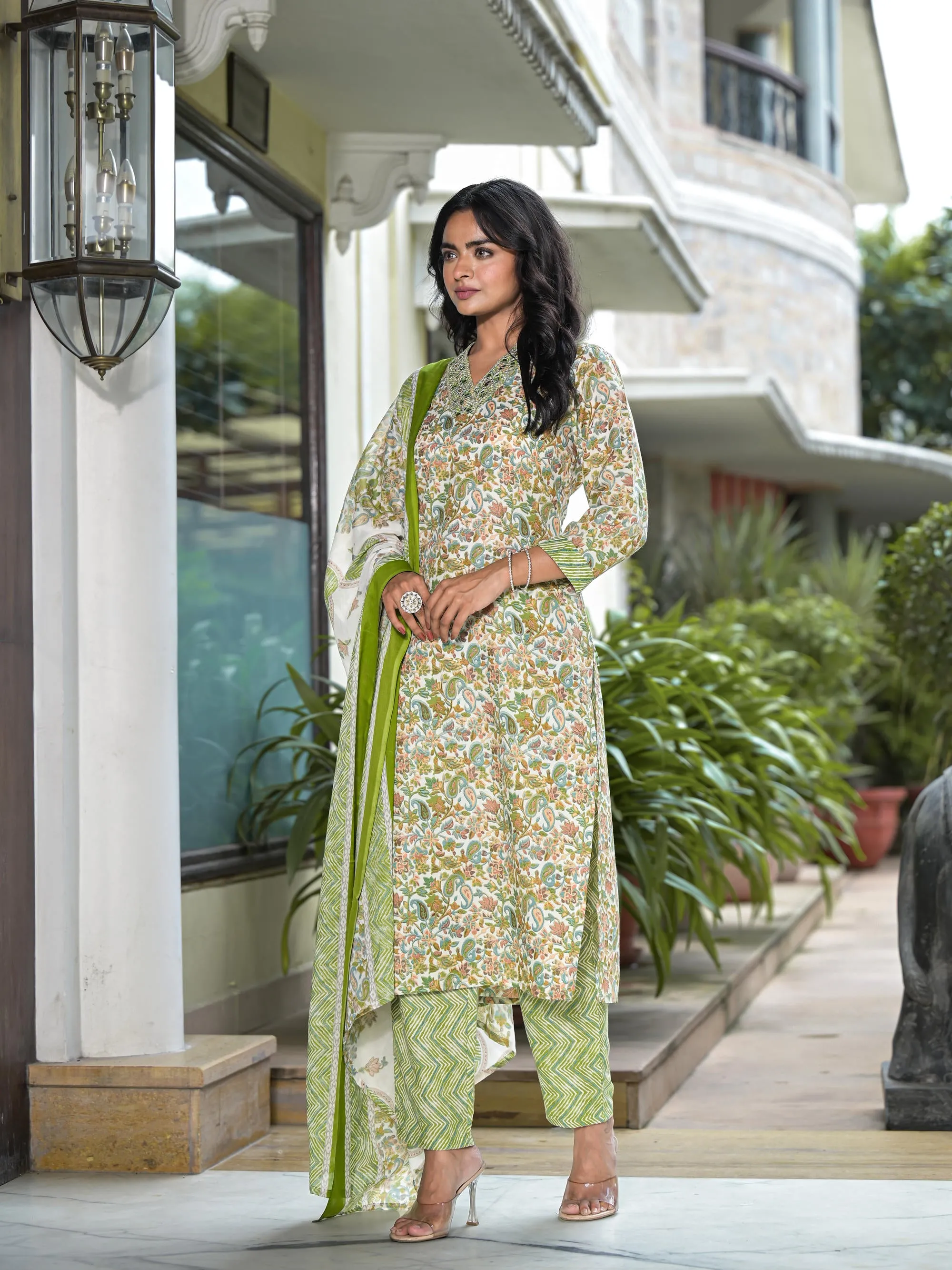 Pista Green Floral Printed Cotton Kurta Pant With Dupatta Set With Mirror & Thread Work