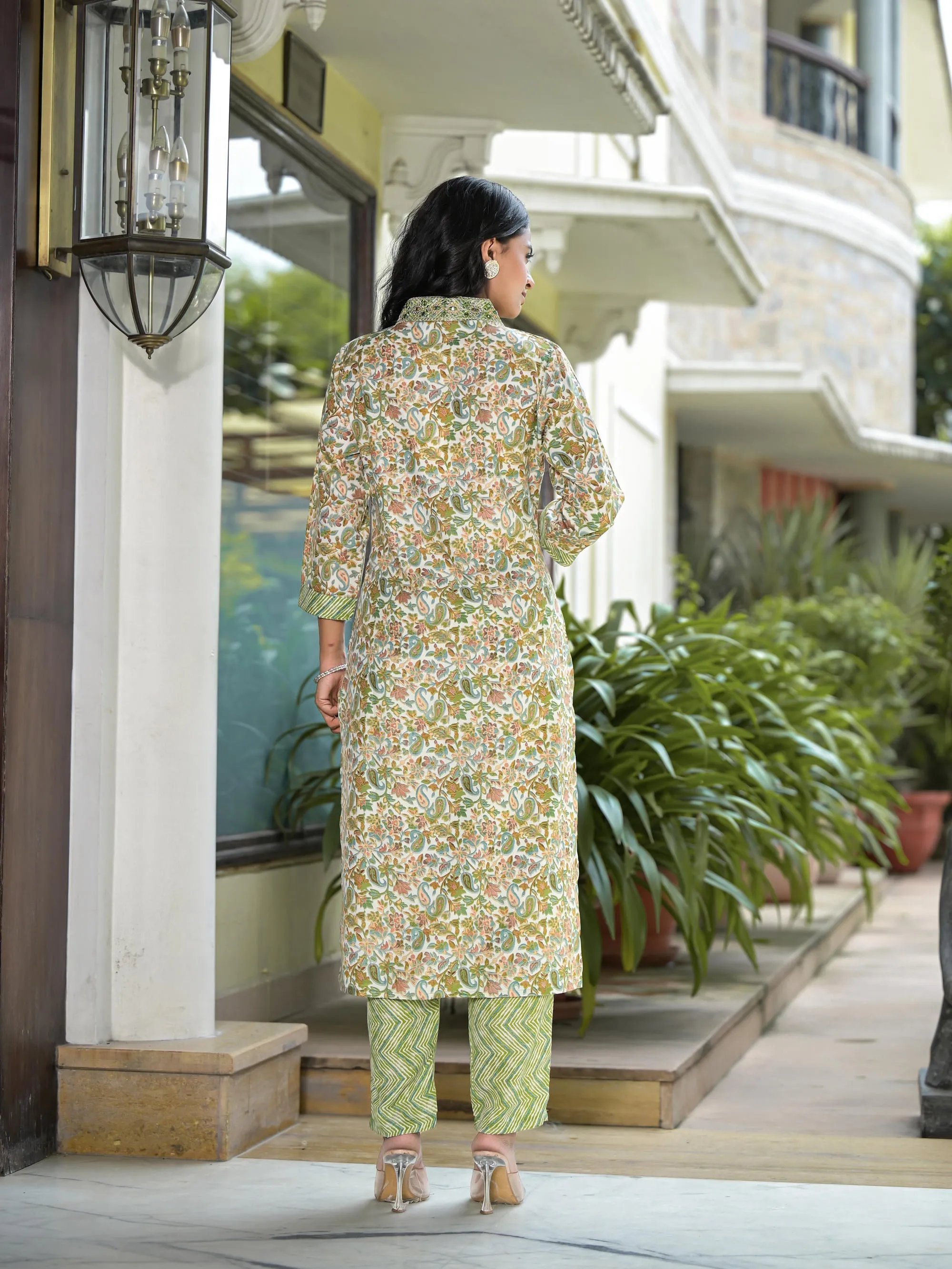 Pista Green Floral Printed Cotton Kurta Pant With Dupatta Set With Mirror & Thread Work