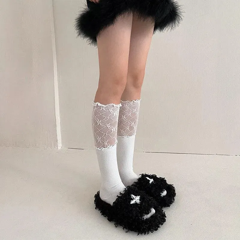 Plain Lace Ruffle Knee High Socks, Gothic Highsocks