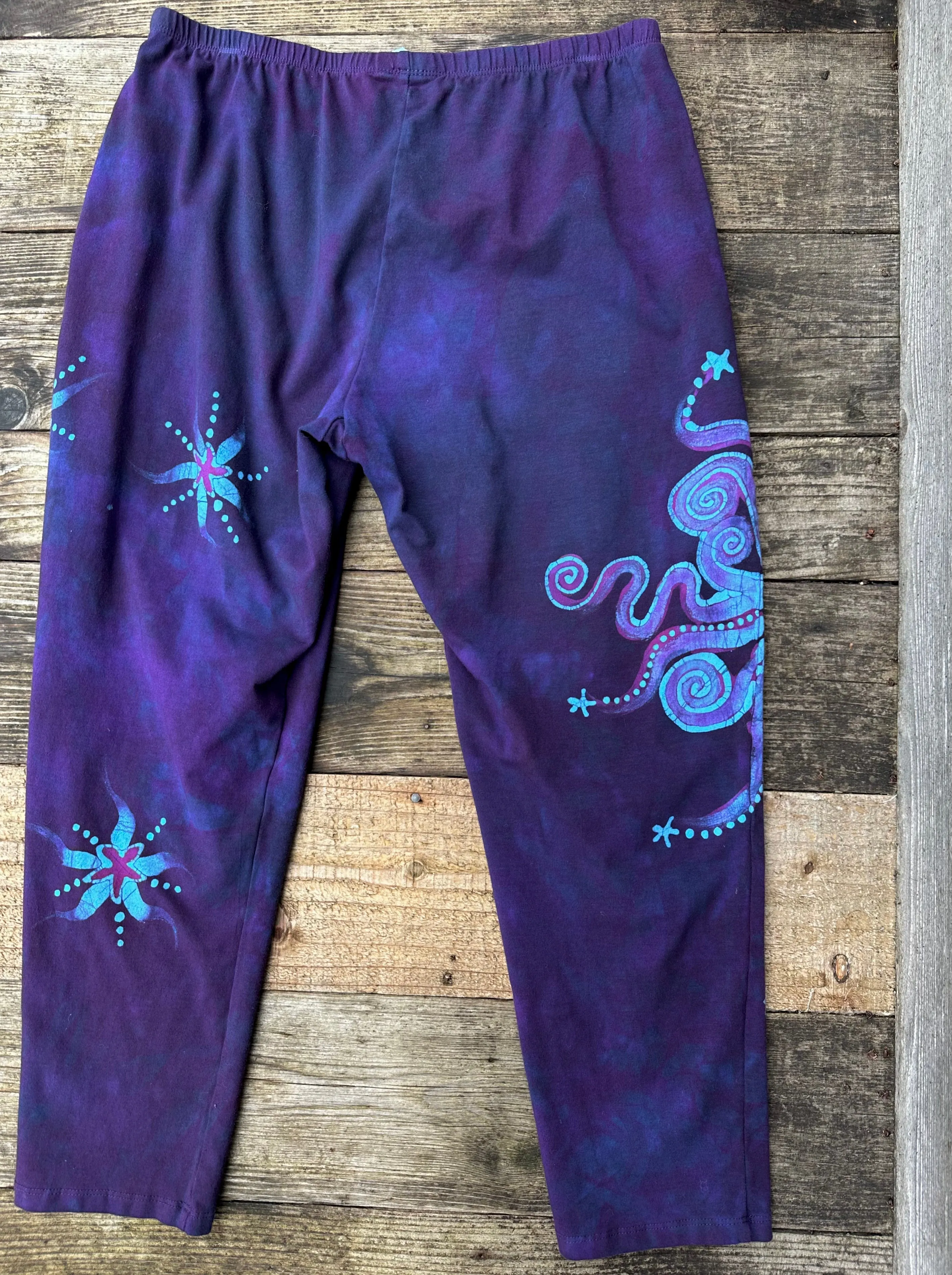 Purple and Turquoise Moon Star Batik Leggings - Size XL Mid Length