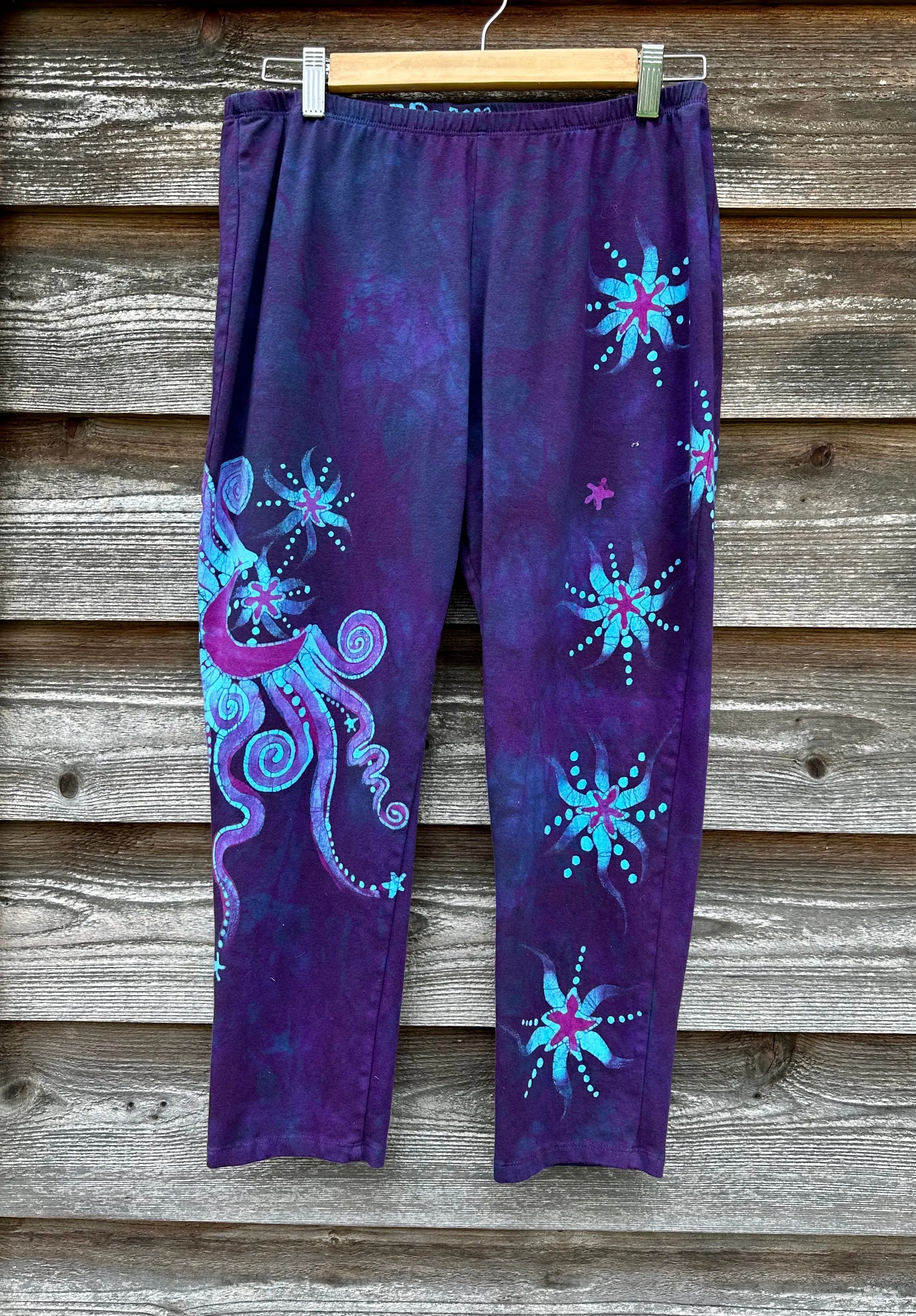 Purple and Turquoise Moon Star Batik Leggings - Size XL Mid Length