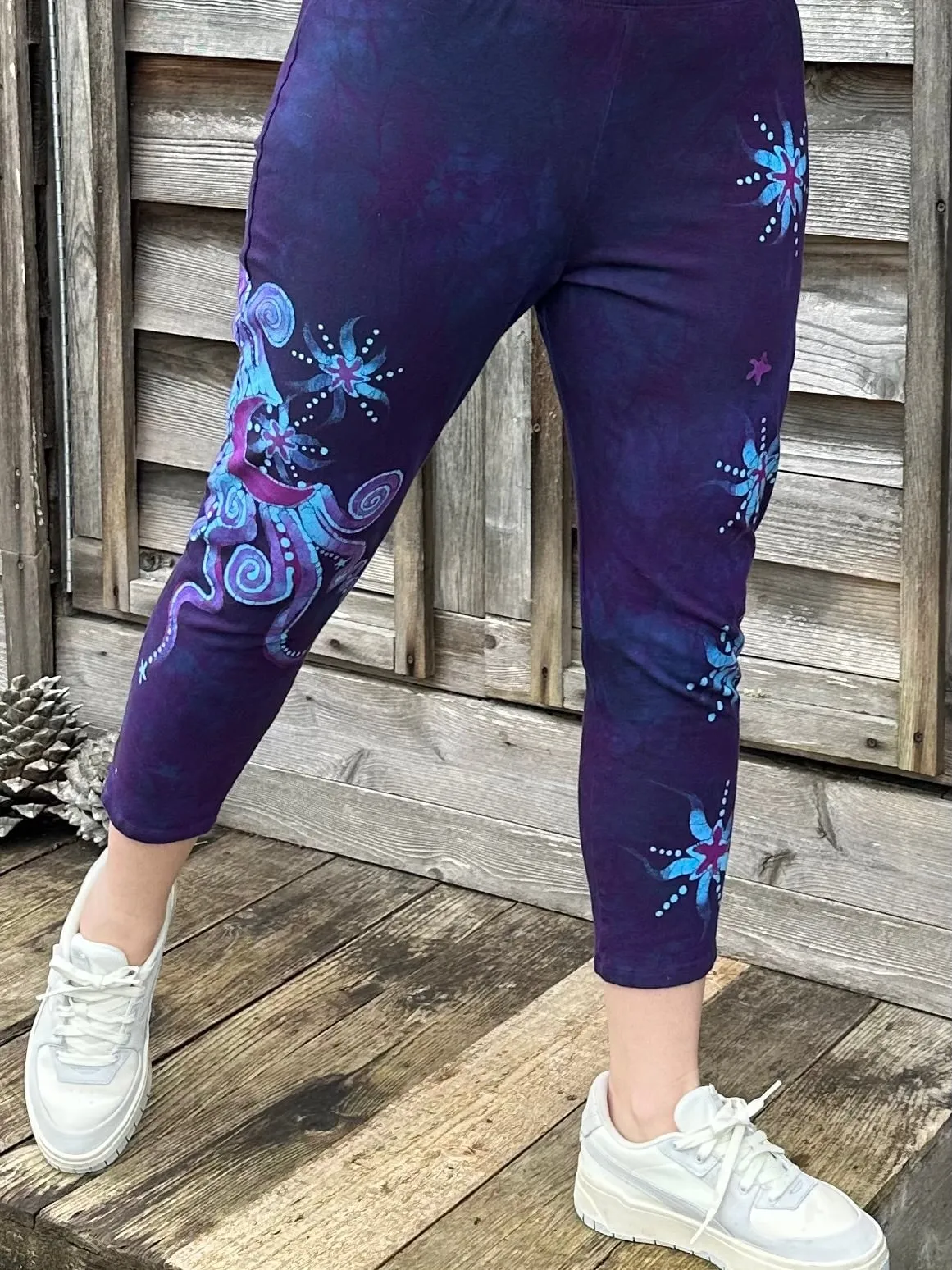 Purple and Turquoise Moon Star Batik Leggings - Size XL Mid Length