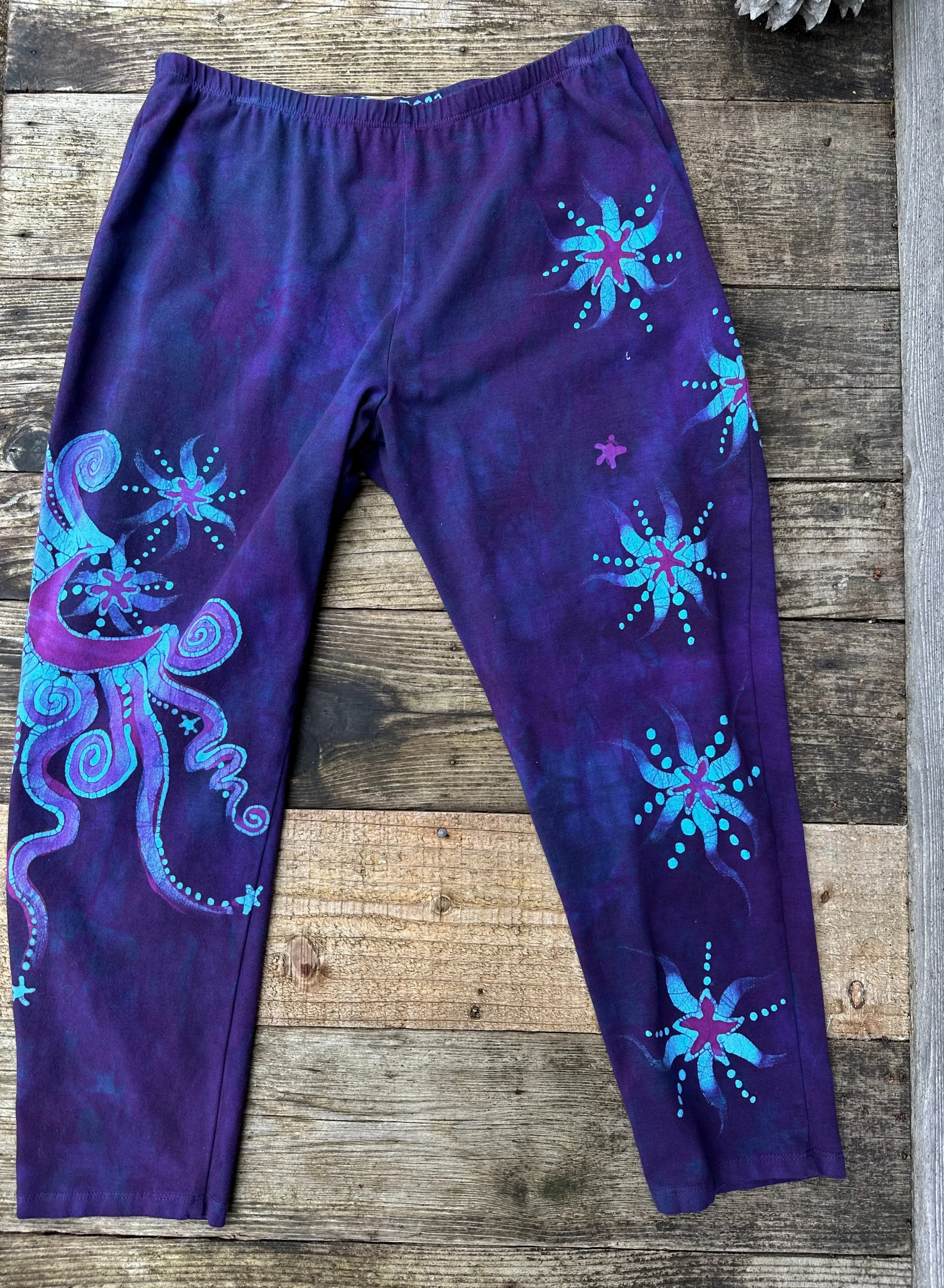 Purple and Turquoise Moon Star Batik Leggings - Size XL Mid Length