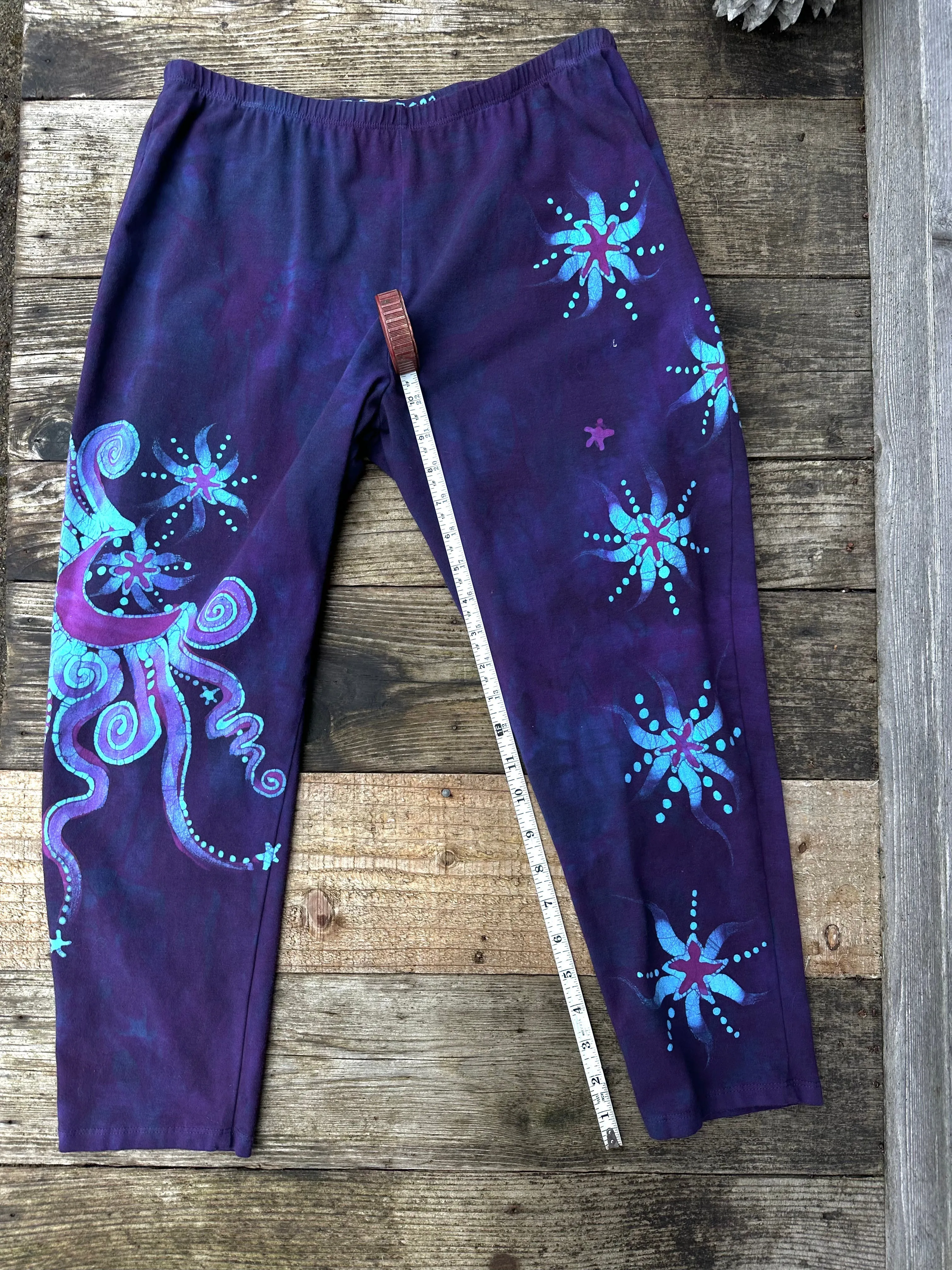 Purple and Turquoise Moon Star Batik Leggings - Size XL Mid Length