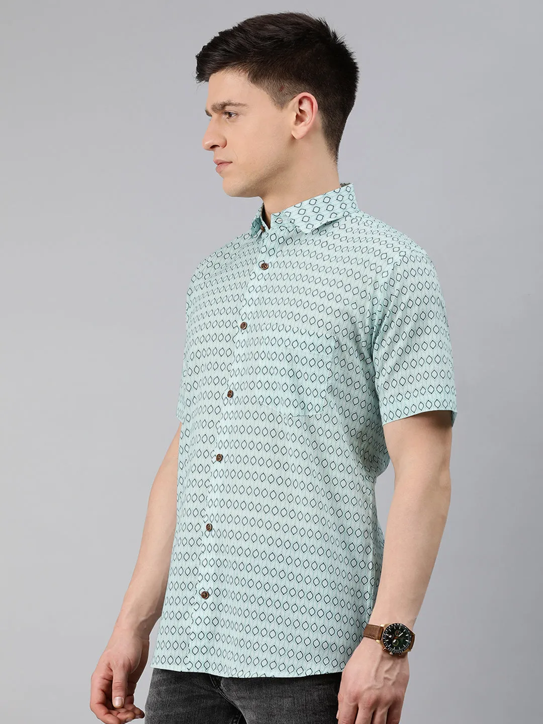 Sea Green Cotton Short Sleeves Shirts For Men-Mmh046