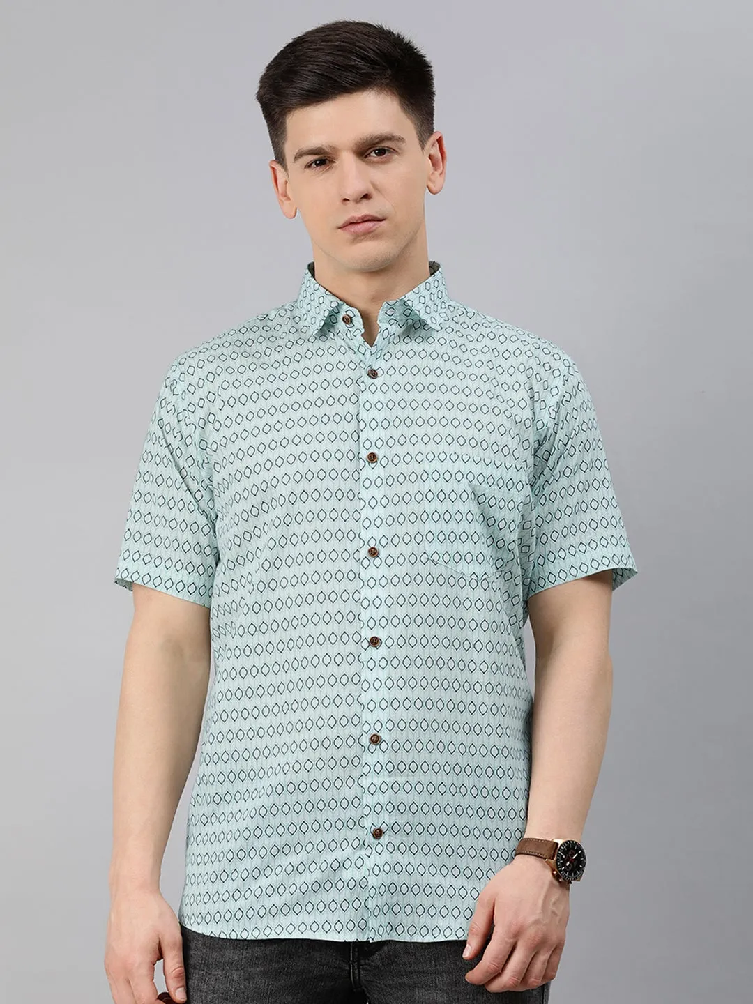 Sea Green Cotton Short Sleeves Shirts For Men-Mmh046