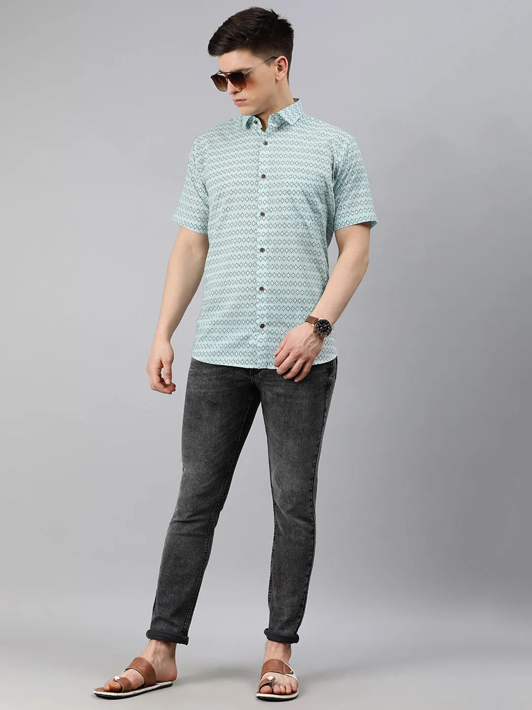 Sea Green Cotton Short Sleeves Shirts For Men-Mmh046