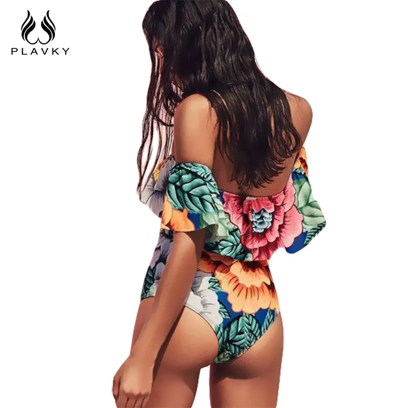 Sexy Floral Off Shoulder Swim Wear Lady High Cut Bathing Suit Ruffle Plus Size Monokini Thong Swimwear Women One Piece Swimsuit