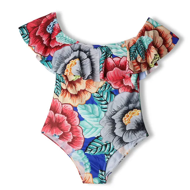 Sexy Floral Off Shoulder Swim Wear Lady High Cut Bathing Suit Ruffle Plus Size Monokini Thong Swimwear Women One Piece Swimsuit