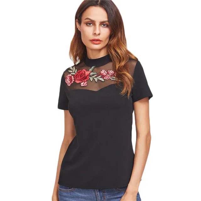 SHEIN T-shirt Women Casual T-shirt Women Black Embroidered Rose Applique Mesh Neck Short Sleeve Vintage T-shirt