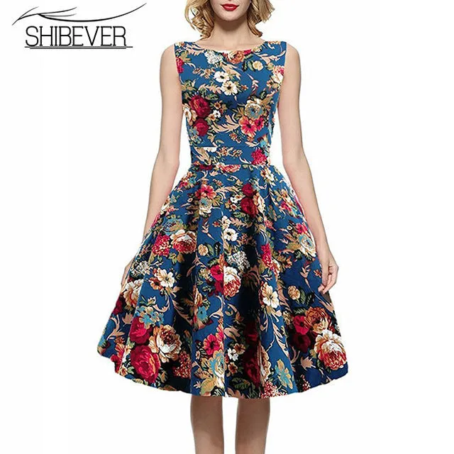 SHIBEVER Hot Sale 2017 New Fashion Summer Dresses Elegant Sleeveless Printing Casual Dress Classic O-neck Women Dresses LD07