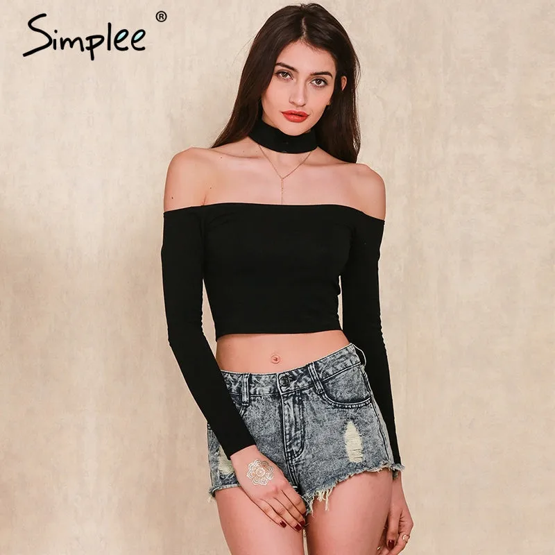 Simplee European style sexy off shoulder black t-shirt women tops long sleeve halter top tees Girl t shirt 90's crop top female