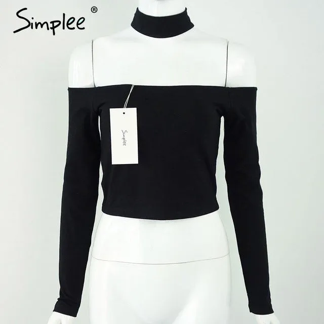 Simplee European style sexy off shoulder black t-shirt women tops long sleeve halter top tees Girl t shirt 90's crop top female