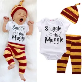 Snuggle this Muggle Bodysuit Stripe Pants Hat Outfits Clothes Sets 0-18M New Year 3PCS Baby Clothing Set Newborn Baby Boys Girls