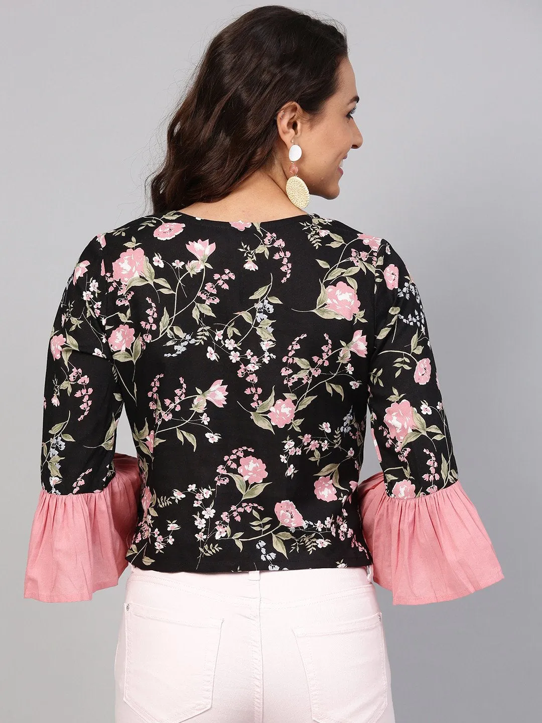 Solid Black Based Multi Floral Prints With A Round Neck And Flared Sleeves