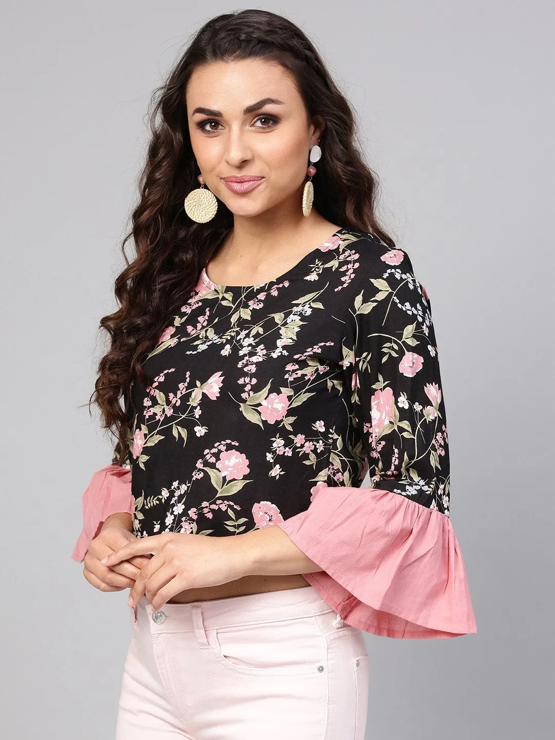 Solid Black Based Multi Floral Prints With A Round Neck And Flared Sleeves