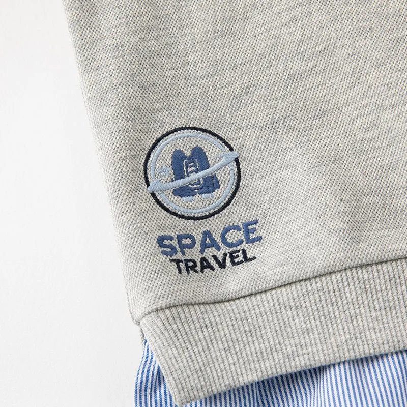 Space Travel Boy Fake Two-piece Grey Sweater & Pants Set