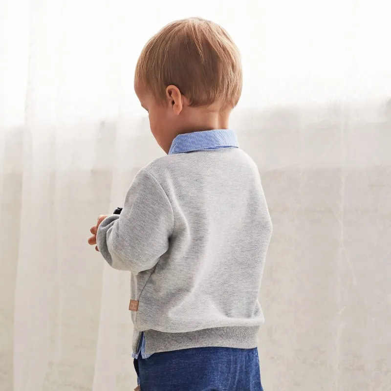 Space Travel Boy Fake Two-piece Grey Sweater & Pants Set